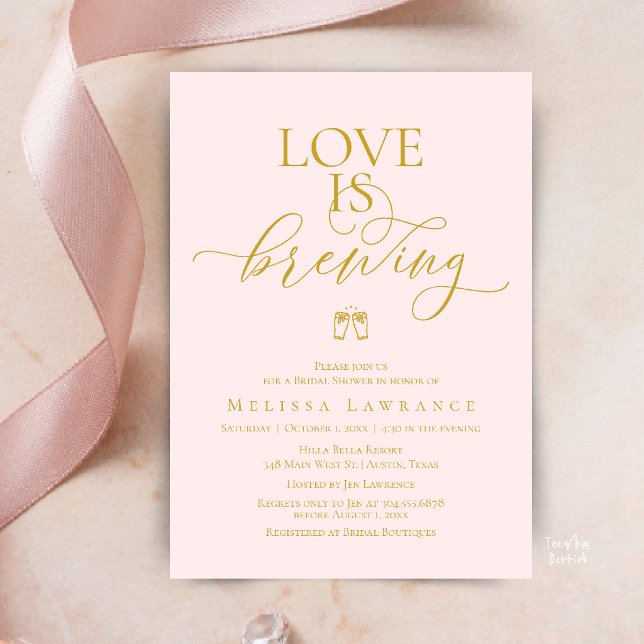 Invitation Love Is Brewing Bridal Shower | Elegant Script (Love Is Brewing Bridal Shower | Elegant Script Invitation Card in Gold and Blush)