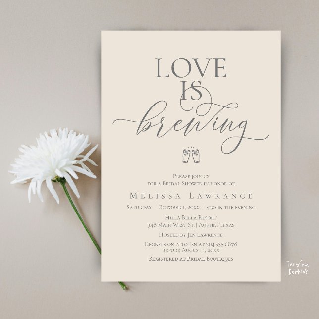 Invitation Love Is Brewing Bridal Shower | Elegant Script (Love Is Brewing Bridal Shower | Elegant Script Invitation Card in Grey Cream)