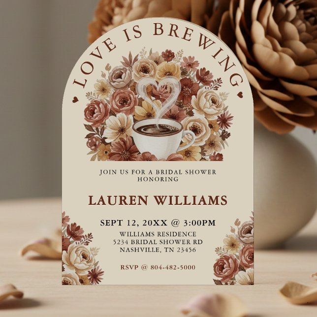 Invitation Love is Brewing Brown Floral Coffee Heart Bridal (Créateur téléchargé)