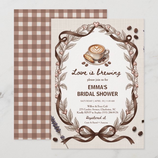 Invitation Love Is Brewing Café Gingham Fête de Mariage (Devant / Derrière)