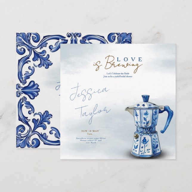 Invitation Love is Brewing Chinoiserie blue Bridal Shower Inv (Devant / Derrière)