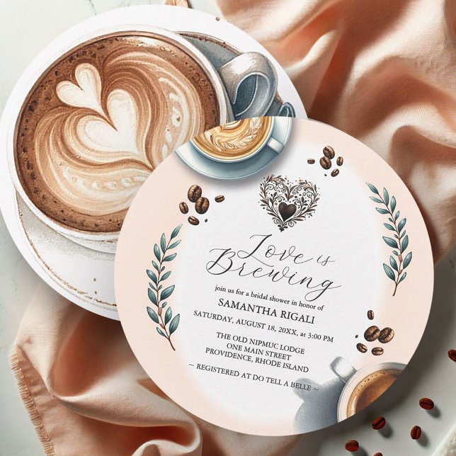 Invitation Love is Brewing Coffee Bridal Shower Rond (Round coffee bridal shower invitations love is brewing by Victoria Grigaliunas Do Tell A Belle)