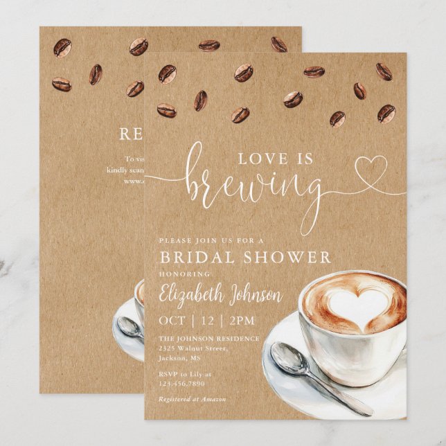 Invitation Love Is Brewing Coffee QR Code Enterrement de Vie  (Devant / Derrière)