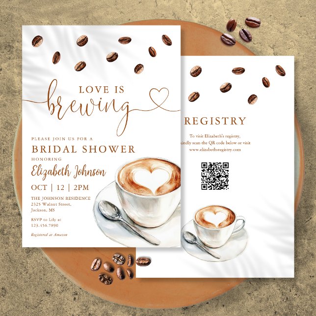 Invitation Love Is Brewing Coffee QR Code Enterrement de Vie  (Love Is Brewing Coffee QR Code Bridal Shower Invitation)