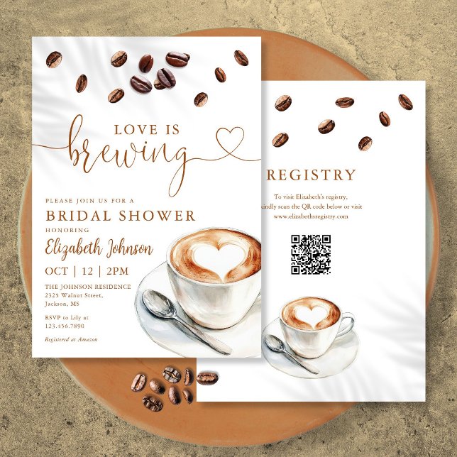Invitation Love Is Brewing Coffee QR Code Enterrement de Vie  (Love Is Brewing Coffee QR Code Bridal Shower Invitation)