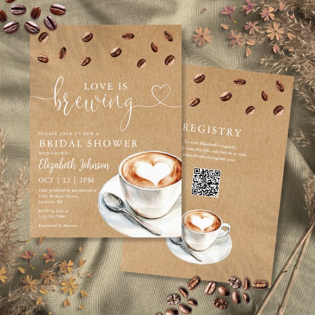 Invitation Love Is Brewing Coffee QR Code Enterrement de Vie  (Love Is Brewing Coffee QR Code Bridal Shower Invitation)