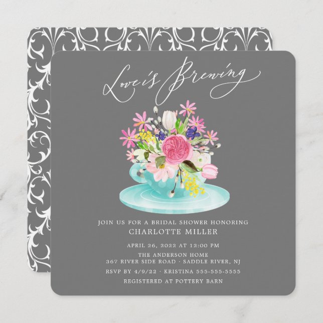 Invitation Love is Brewing Floral Bridal Tea Shower (Devant / Derrière)