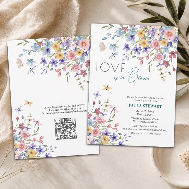 Invitation Love is in Bloom Code QR Bleu Baby Shower (Créateur téléchargé)