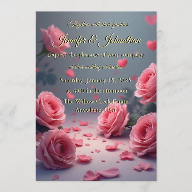 Invitation Love is in Bloom Pink Roses Romantic Wedding (Devant)