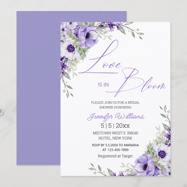 Invitation love is in bloom, purple floral bridal shower chic (Devant / Derrière)