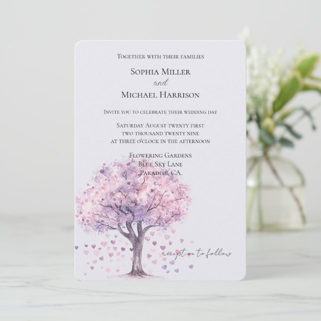 Invitation Love is in the air Lavender Hearts Tree Wedding (Debout devant)