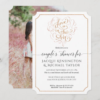 Invitation Love is in the Air Rose Gold Script Couples Photo
