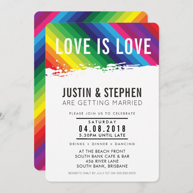 Invitation LOVE IS LOVE mariage arc-en-ciel couleurs brosse t (Devant / Derrière)