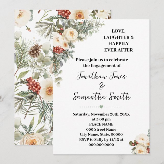 Invitation Love Laughter Happily Engagement Winter Floral (Devant / Derrière)