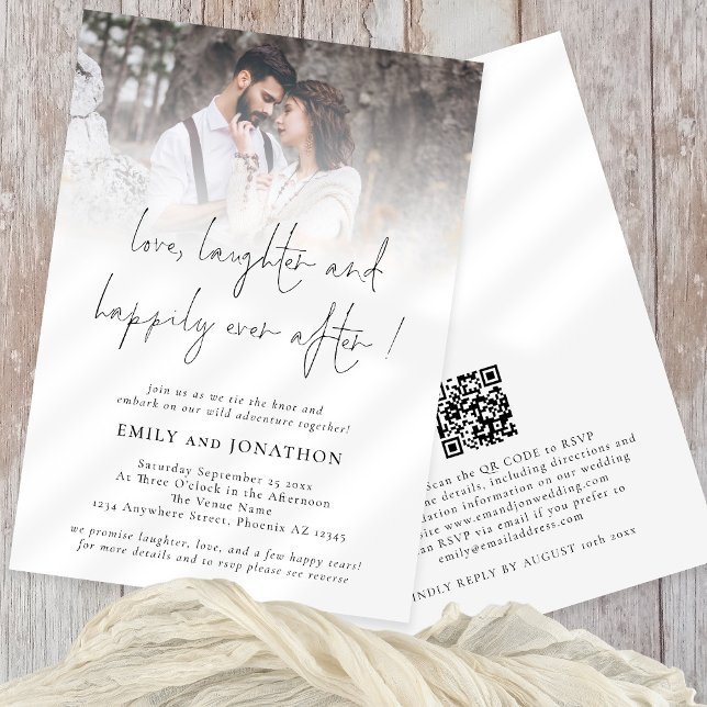 Invitation Love Laughter Happy Ever Après QR Photo Mariage (Front and back view. Available digitally and printed. Part of a large matching wedding suite)