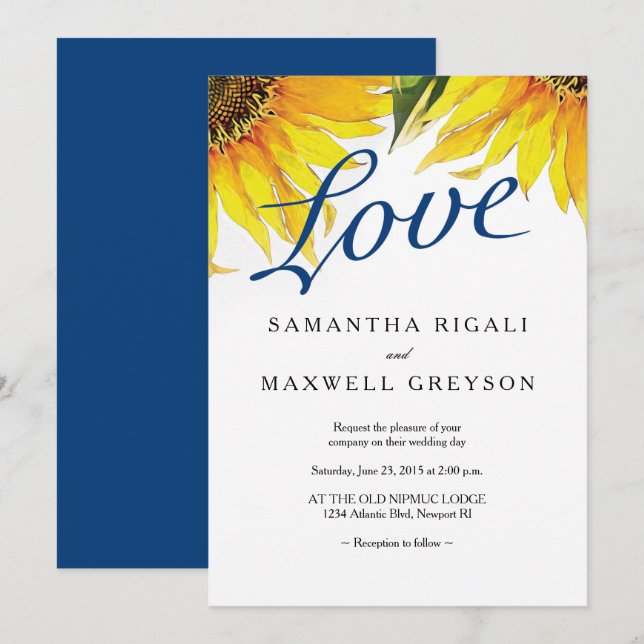 Invitation Love Marine Blue & Sunflower Mariage d'été (Devant / Derrière)
