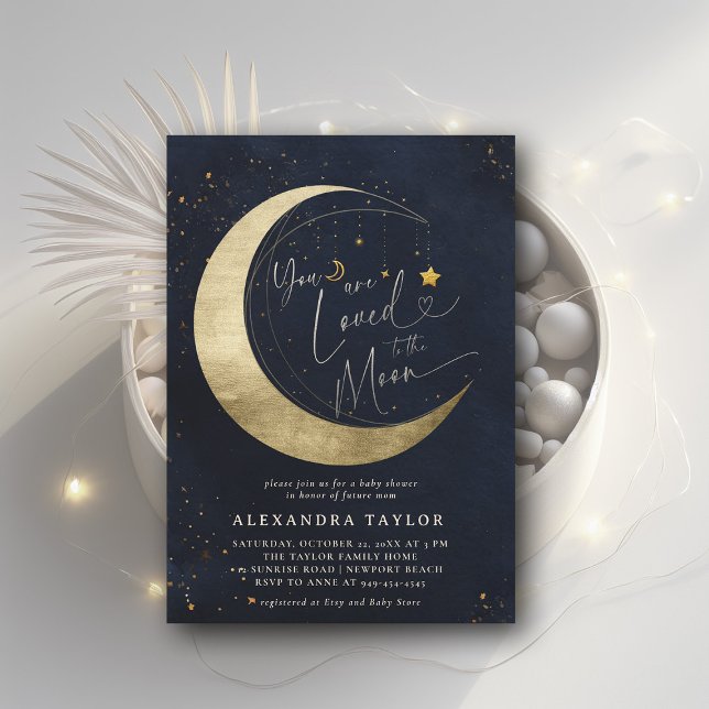Invitation Love Moon Mobile Dark Navy Baby shower neutre (loved to the moon baby shower invitation moon stars watercolor cute adorable coed elegant neutral)