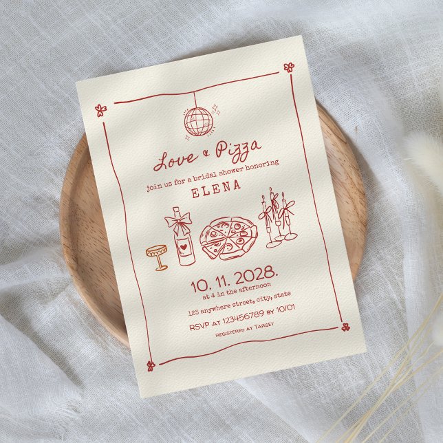 Invitation Love & Pizza main tiré Fête des mariées rouge (Love & Pizza Hand Drawn Red Bridal Shower Invitation Pizza Party Aesthetic )