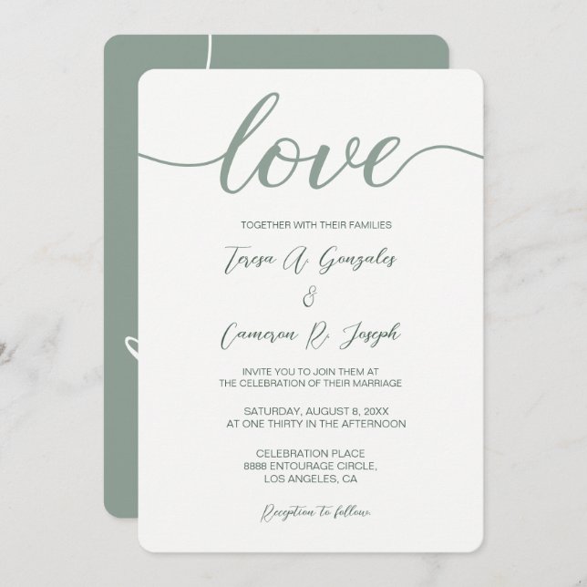 Invitation Love Script Mariage typographie Sage Green (Devant / Derrière)