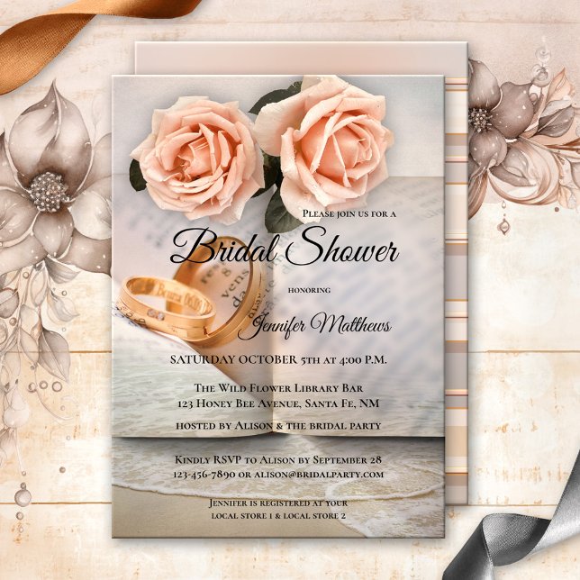 Invitation Love Story Romance Livre nuptiale douche Invitatio (bridal shower invitation featuring books with peach roses, wedding rings and a beach overlay)