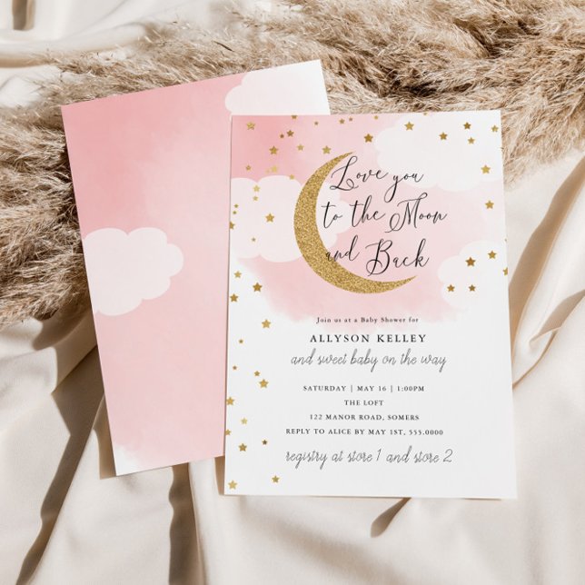 Invitation Love You to the Moon, Gold Stars Baby shower rose (Créateur téléchargé)