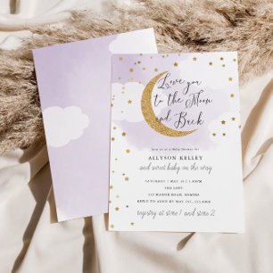 Invitation Love You to the Moon Gold Stars Purple Baby shower