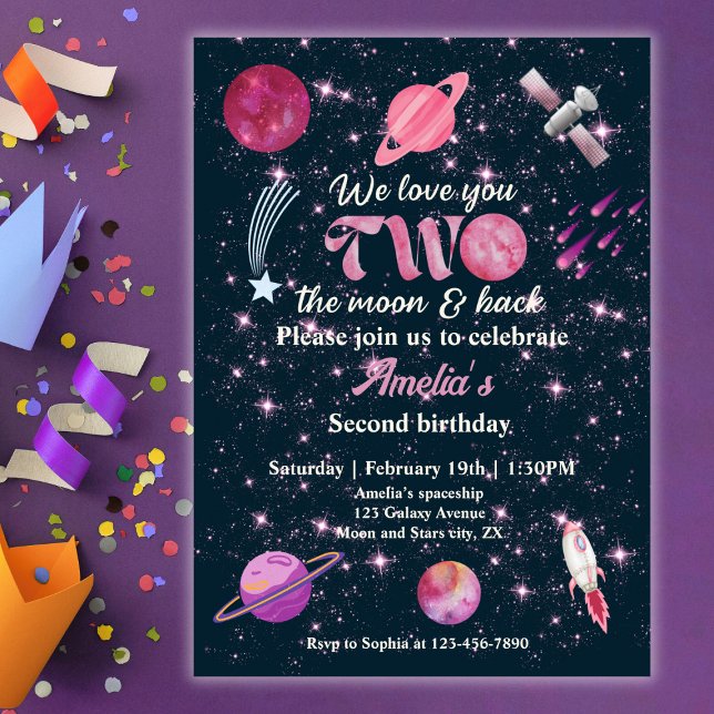 Invitation Love You Two The Moon Girls Pink 2nd Birthday (Créateur téléchargé)