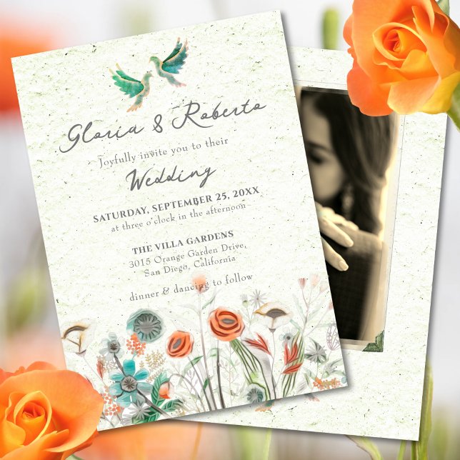Invitation Lovebirds Floral Avec Photo Mariage Mexicain (Créateur téléchargé)