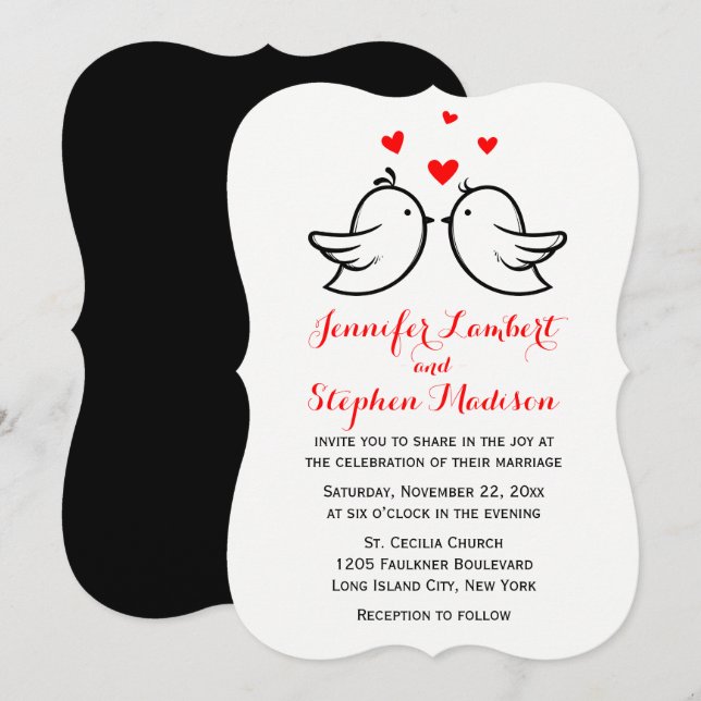 Invitation Lovebirds & Hearts Mariage rouge et noir (Devant / Derrière)