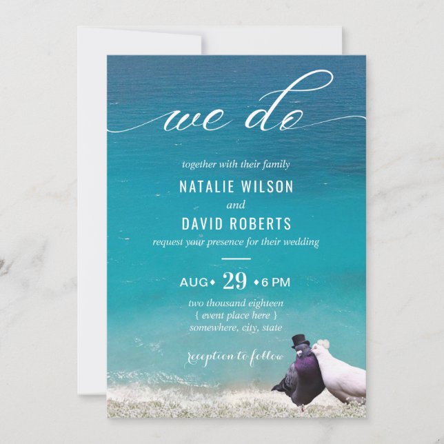 Invitation Lovebirds Nous faisons Typographie Plage Mariage (Devant)