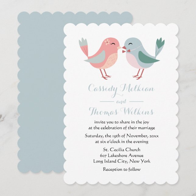 Invitation Lovebirds Oiseaux Mariages roses et bleus (Devant / Derrière)
