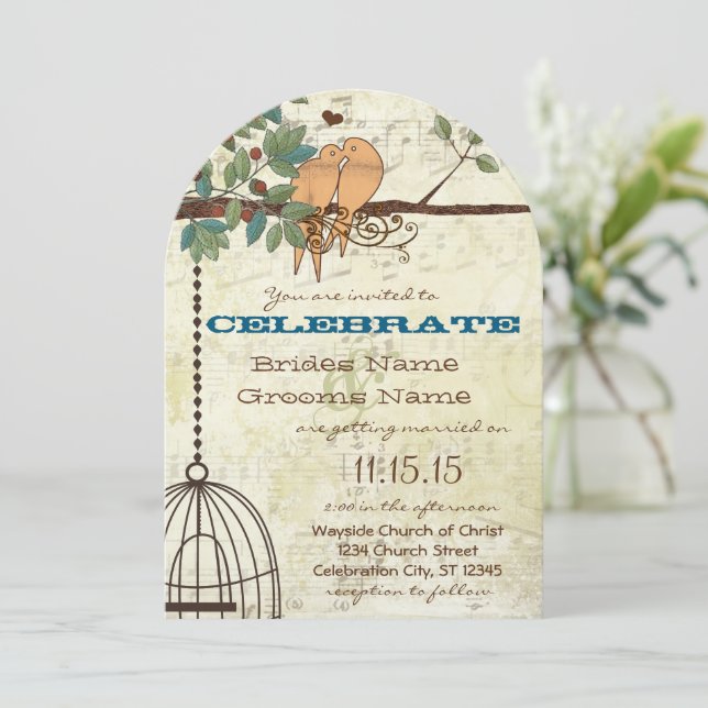 Invitation Lovebirds Rustiques Assis Dans Un Mariage D'Arbre (Debout devant)