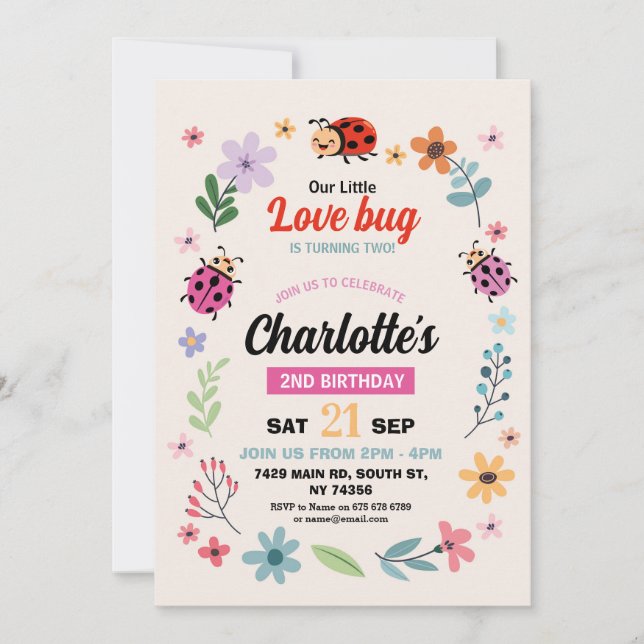 Invitation Lovebug Birthday Girls Boys Love Bug Ladybird Cute (Devant)