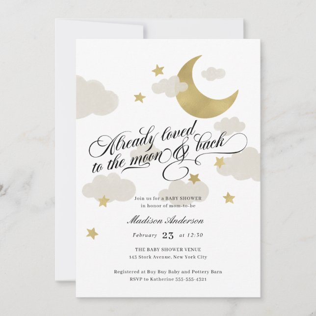 Invitation Loved to the Moon and Back Baby shower Gold (Devant)
