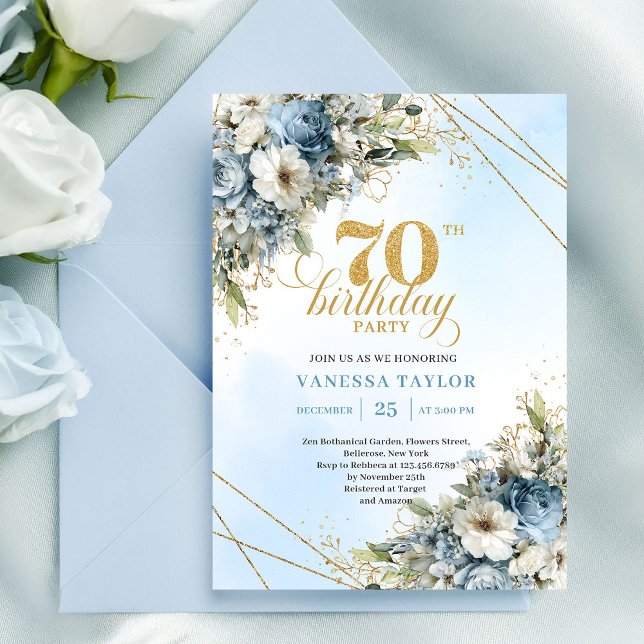 Invitation Lovely bohemian blue florals gold frame 70th bday (Lovely bohemian blue florals gold frame 70th birthday

)