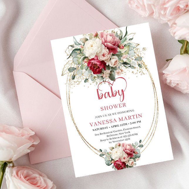 Invitation Lovely Boho Ruby Red Blush Eucalyptus Floral Baby  (Lovely Boho Ruby Red Blush Eucalyptus Floral Baby Invite)