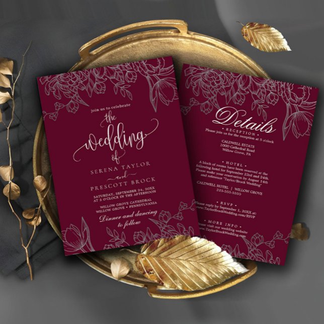 Invitation Lovely Burgundy Calligraphie tout en un Mariage (Créateur téléchargé)