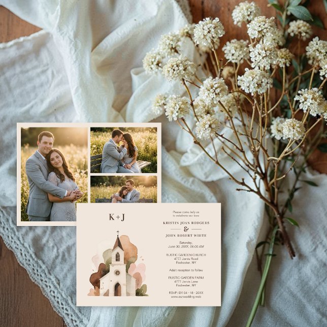 Invitation Lovely Church Watercolor 3-Photo Collage Wedding  (Lovely Church Digital Watercolor 3-Photo Collage Wedding Save the Date Cards.)