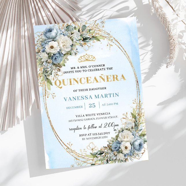 Invitation Lovely Dusty Blue Gold Greenery Quinceañera Invite (Lovely Dusty Blue Gold Greenery Quinceañera Invite

)