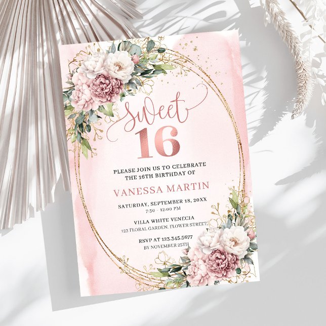 Invitation Lovely Dusty Pink Floral Greenery Sweet Sixteen  (Lovely Dusty Pink Floral Greenery Sweet Sixteen Invitation

)