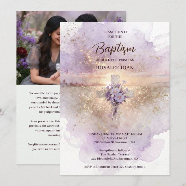 Invitation Lovely Lilac Christian Wildflowers Cross-Shape (Devant / Derrière)