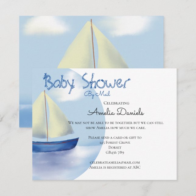 Invitation Lovely Little Blue Sailboat Baby shower par mail (Devant / Derrière)