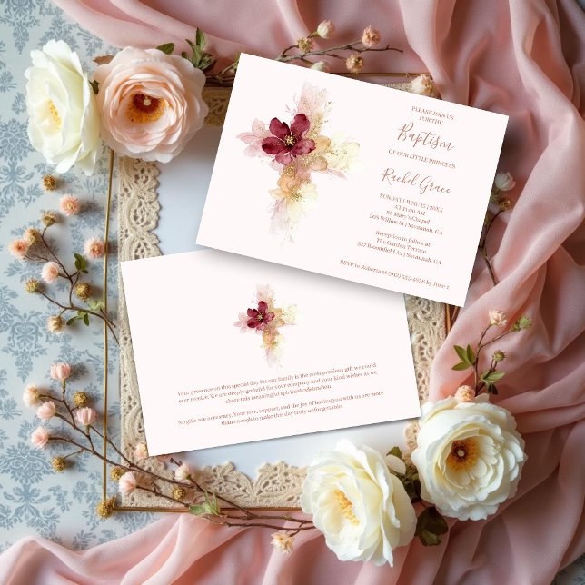 Invitation Lovely Pink Shades Floral Cross-Shape Baptism (Lovely Digital Watercolor Pink Shades Floral Cross-Shape Baptism Invitation Cards. )