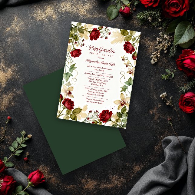 Invitation Lovely Red Roses Garden-Inspired Bridal Brunch (Lovely Red Roses Garden-Inspired Bridal Shower Brunch Invitation Card Design with Dark Green Back.)