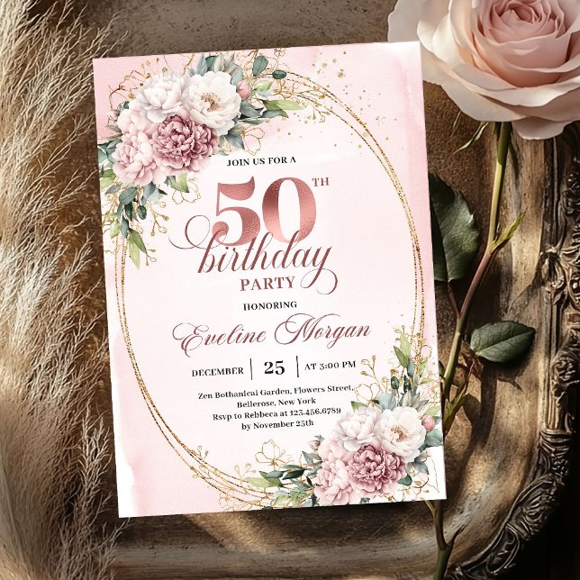 Invitation Lovely Rose Gold Blush Flowers 50th Birthday Party (Lovely Rose Gold Blush Flowers 50th Birthday Party Invite

)