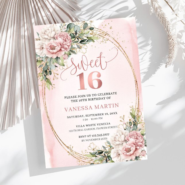 Invitation Lovely Rose Gold Flowers Eucalyptus 16th Birthday  (Lovely Rose Gold Flowers Eucalyptus 16th Birthday Invitation

)