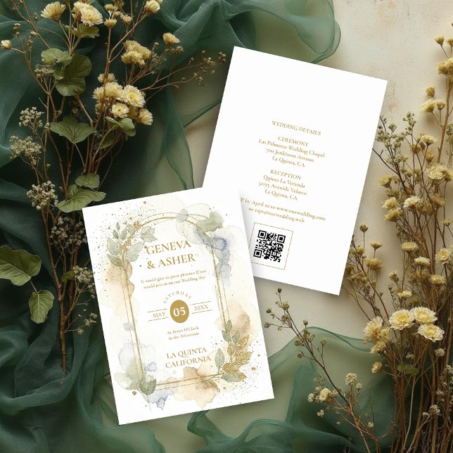 Invitation Lovely Spring Green & Beige Floral Arch Wedding (Lovely Spring Green & Beige Floral Arch Glitter Effect Wedding Invitation with Back QR Code.)