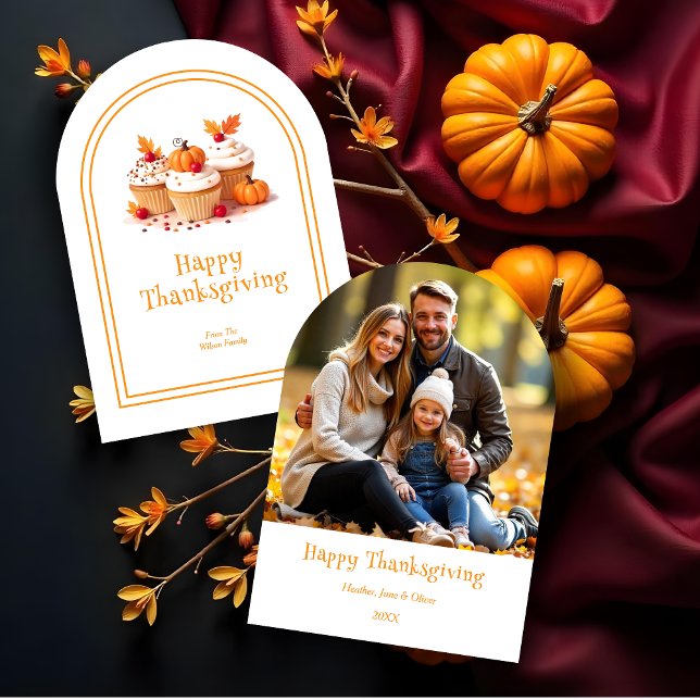 Invitation Lovely Thanksgiving Cupcakes Photo Family (Lovely Thanksgiving Cupcakes Photo Family Holidays Cards with a Modern Arch Border Style. )