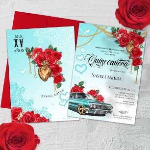 Invitation Lowrider Chola Chicano Red Rose Quinceanera