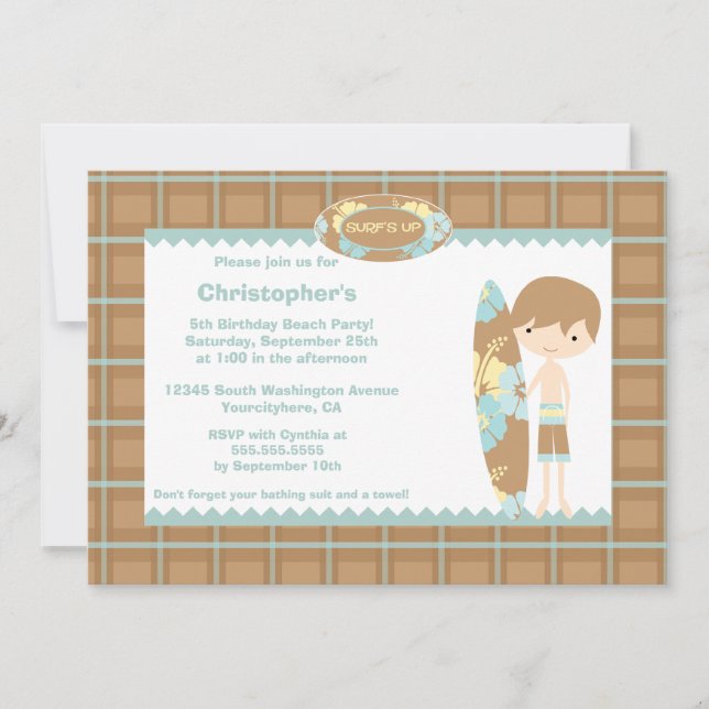 Invitation L'surf du garçon  l'invitation à la fête d'anniver (Devant)